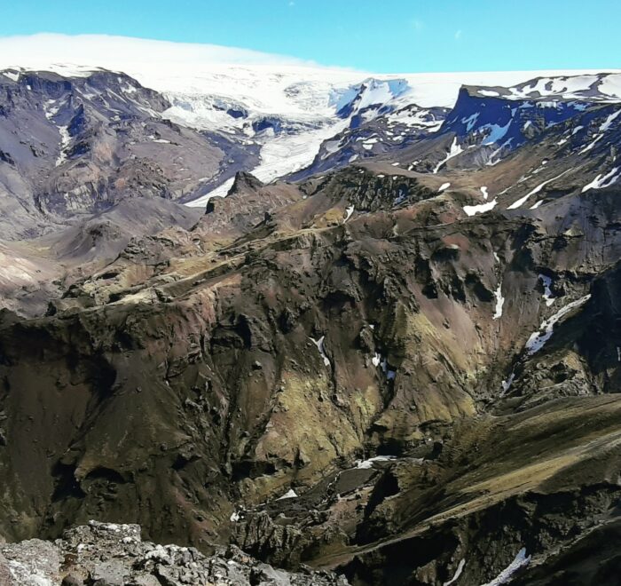 Looking towards Mýrdalsjökull glacier from Morinsheiði in Þórsmörk.