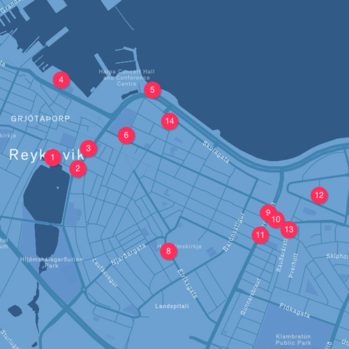 Map of pick-up locations in Reykjavík