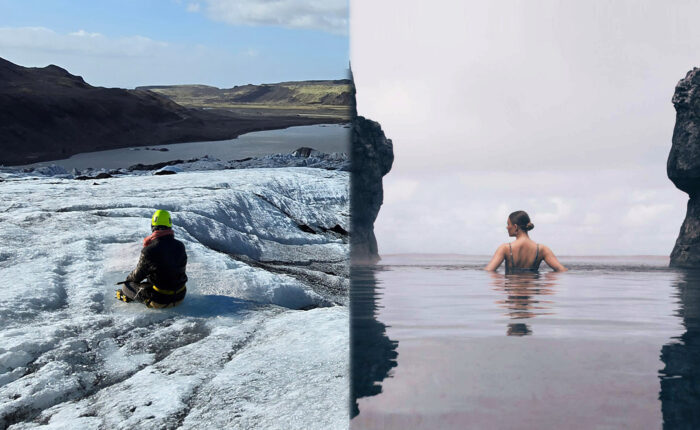 Composite image of a woman sitting on a glacier on one side and bathing in the Sky Lagoon on the other.