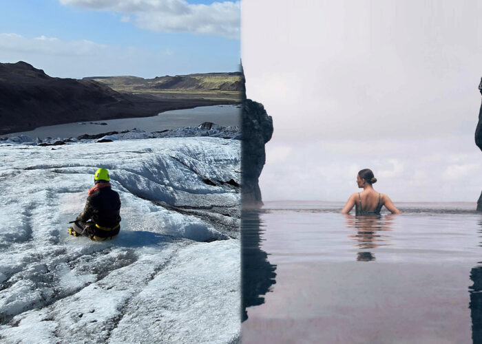 Composite image of a woman sitting on a glacier on one side and bathing in the Sky Lagoon on the other.
